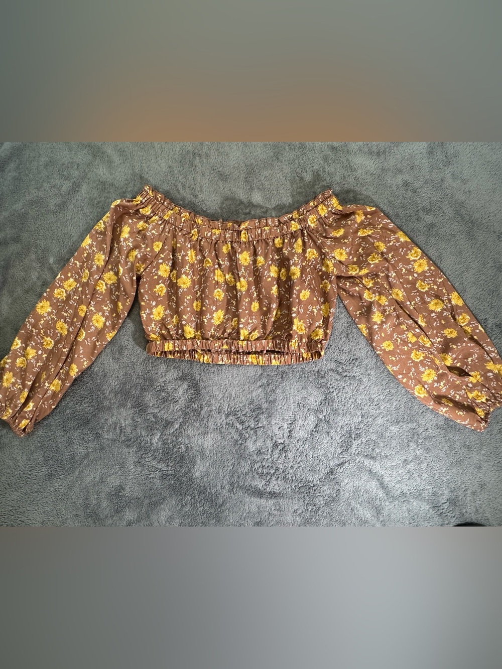Altar’d State Off-Shoulder Brown Floral Crop Top with Yellow Bloom Size M